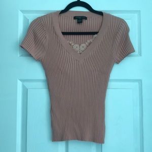 August Silk ribbed short sleeve sweater/peach  - L